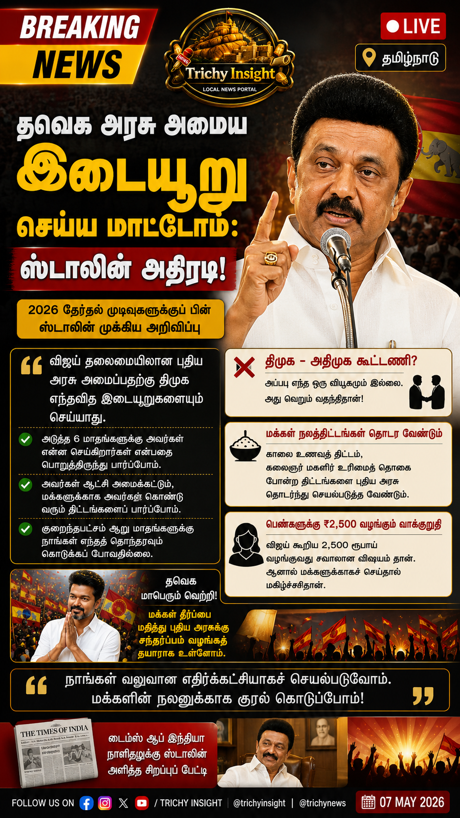 தவெக அரசு அமைய இடையூறு செய்ய மாட்டோம்: ஸ்டாலின் | Trichy Insight