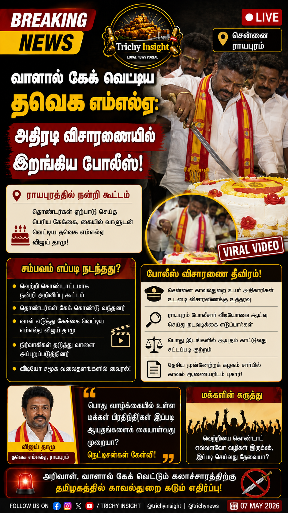 வாளால் கேக் வெட்டிய தவெக எம்எல்ஏ விஜய் தாமு: போலீஸ் விசாரணை | Trichy Insight