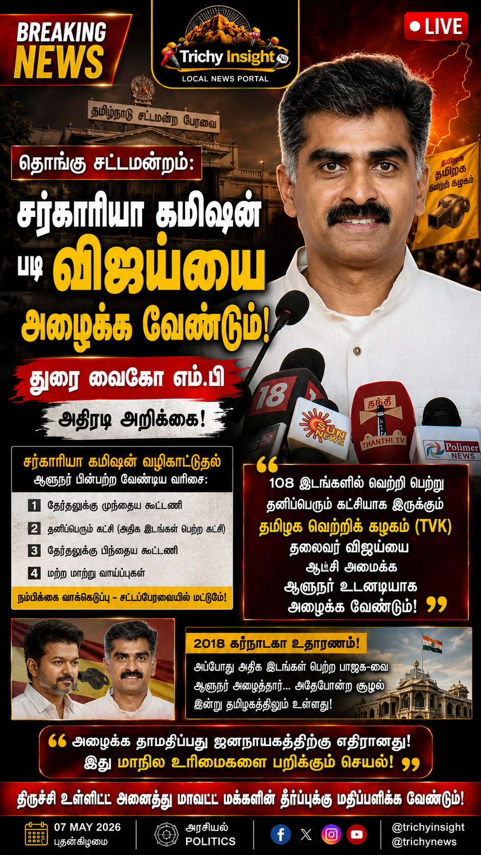 விஜய்யை ஆட்சி அமைக்க அழைக்க வேண்டும்: துரை வைகோ எம்பி | Trichy Insight