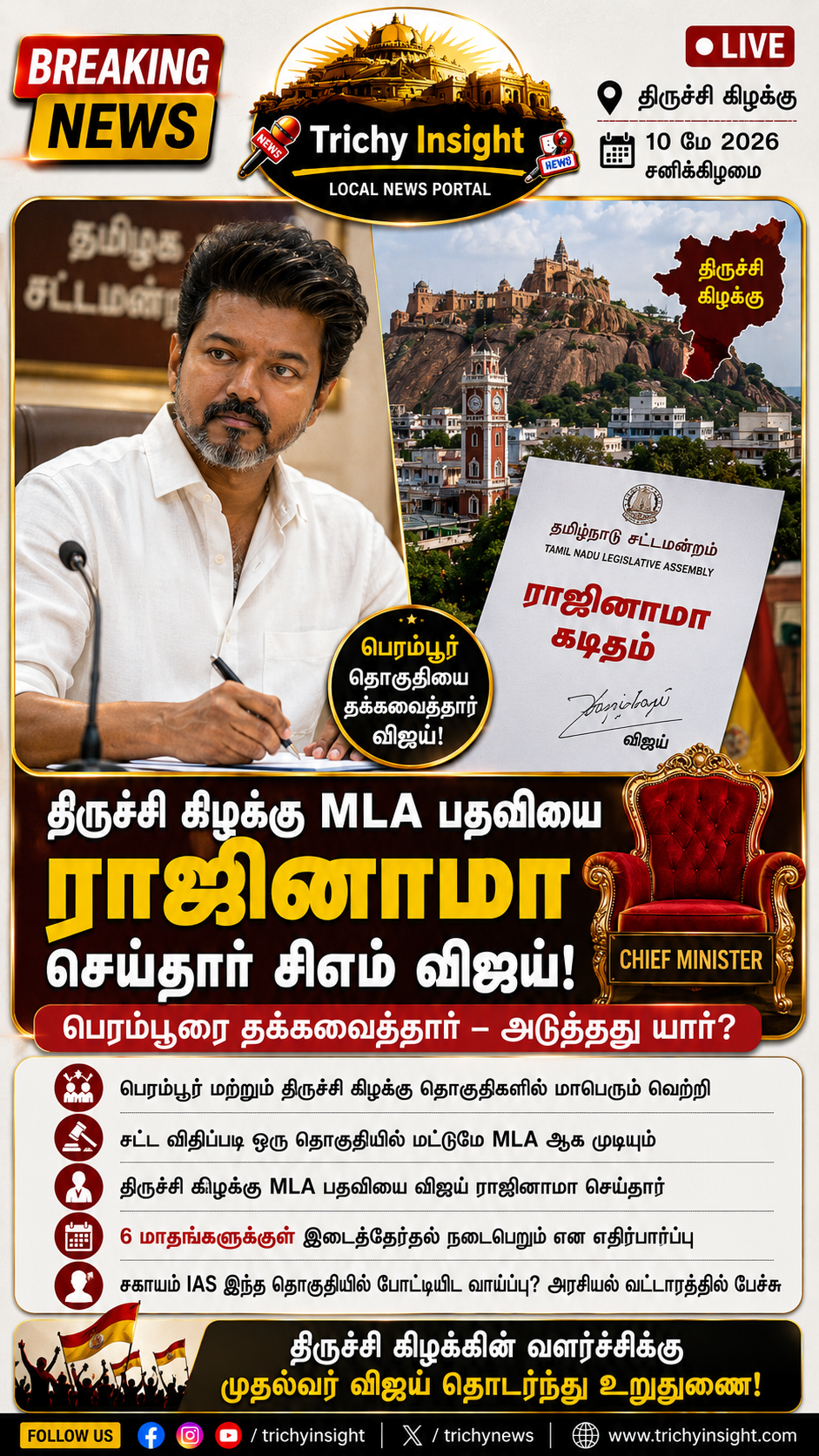 முதலமைச்சர் விஜய் ராஜினாமா! திருச்சி கிழக்கு எம்.எல்.ஏ பதவி | Trichy Insight