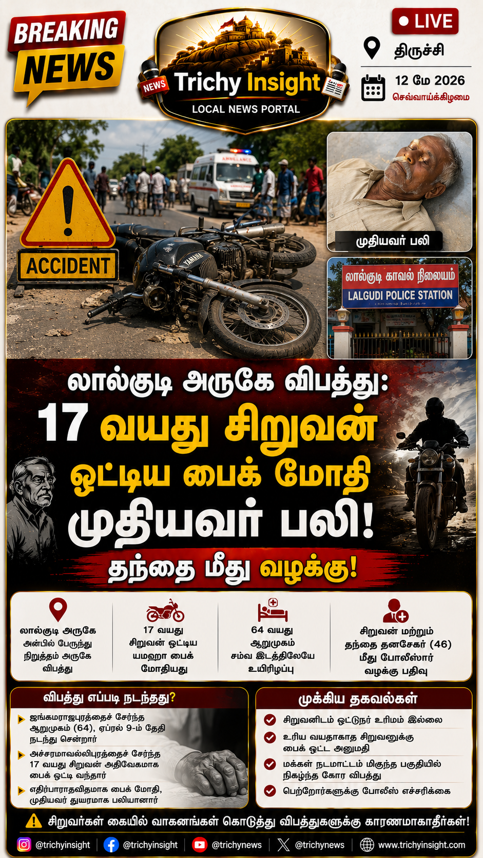 லால்குடி விபத்து: 17 வயது சிறுவன் மோதி முதியவர் பலி | Trichy Insight