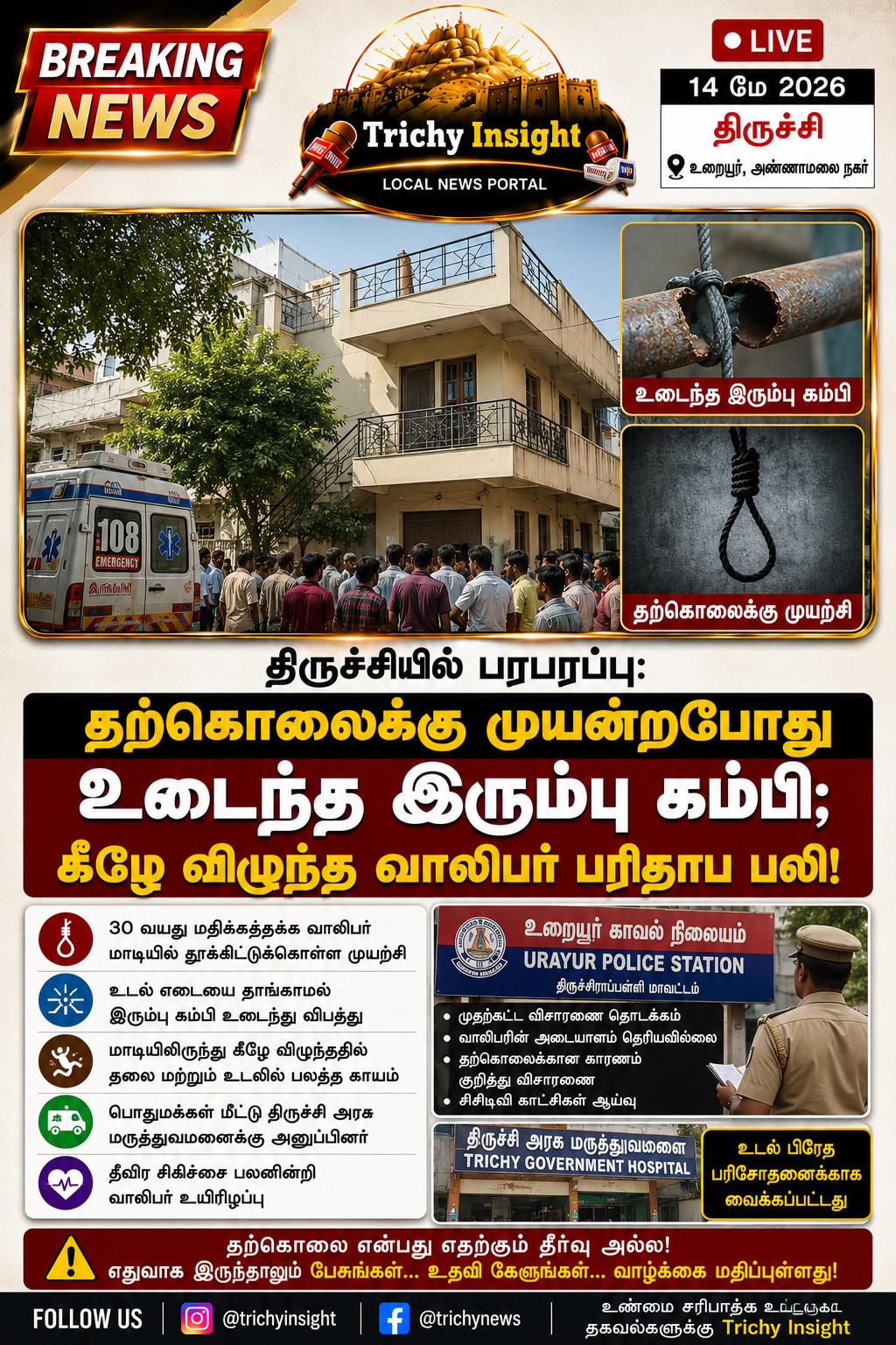 திருச்சியில் தற்கொலை முயற்சி பலி: உறையூர் போலீஸ் விசாரணை | Trichy Insight