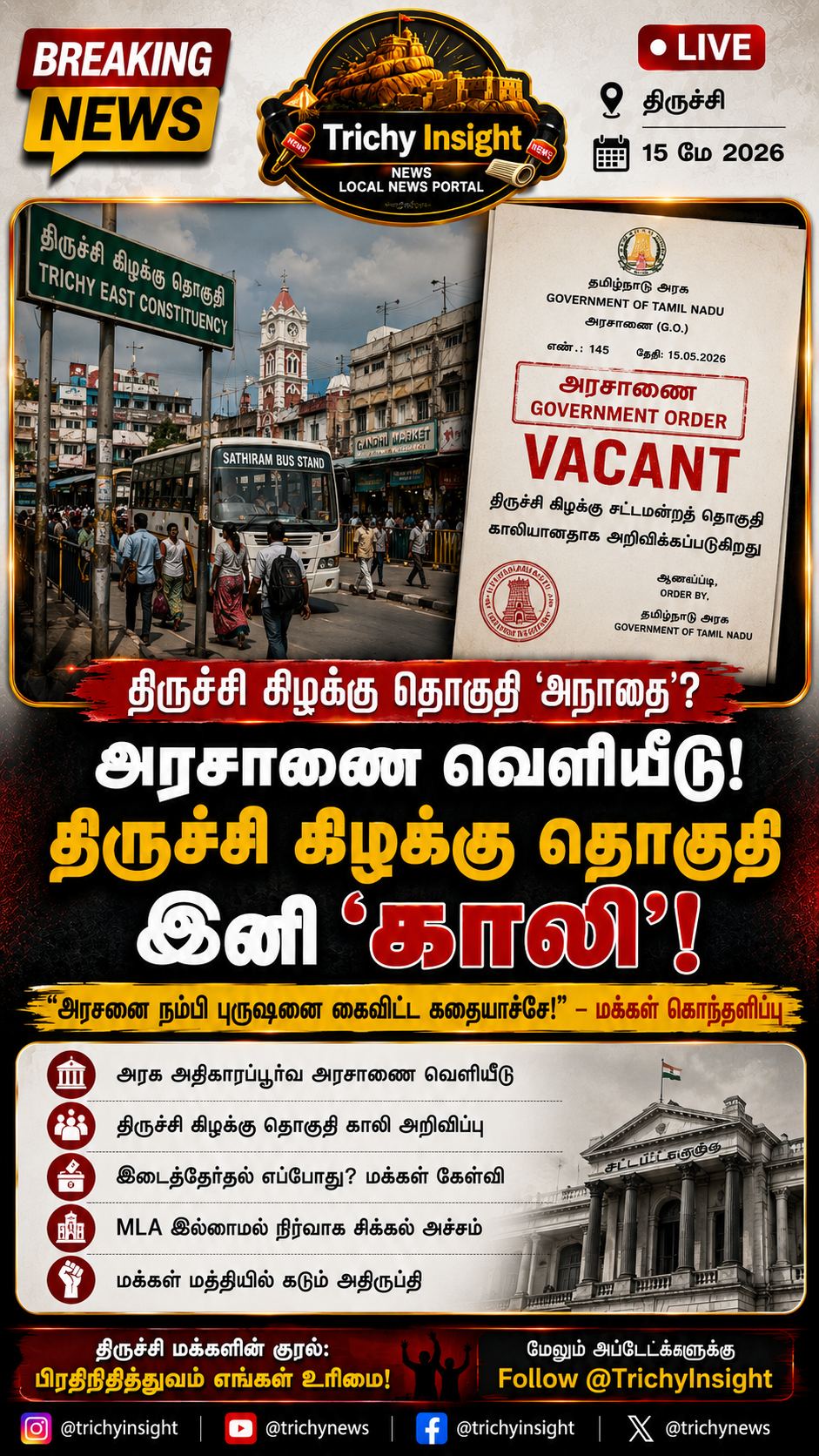 திருச்சி கிழக்கு தொகுதி காலி: அரசு அரசாணை வெளியீடு! | Trichy Insight