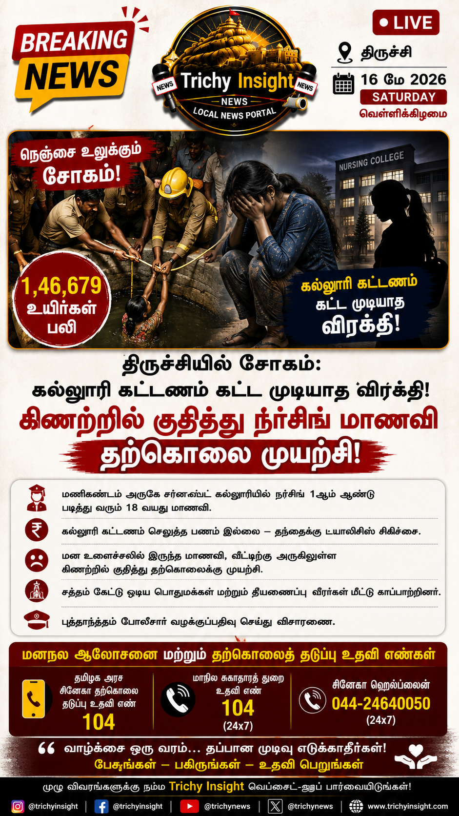 திருச்சியில் நர்சிங் மாணவி தற்கொலை முயற்சி: சோகப் பின்னணி! - Trichy Insight