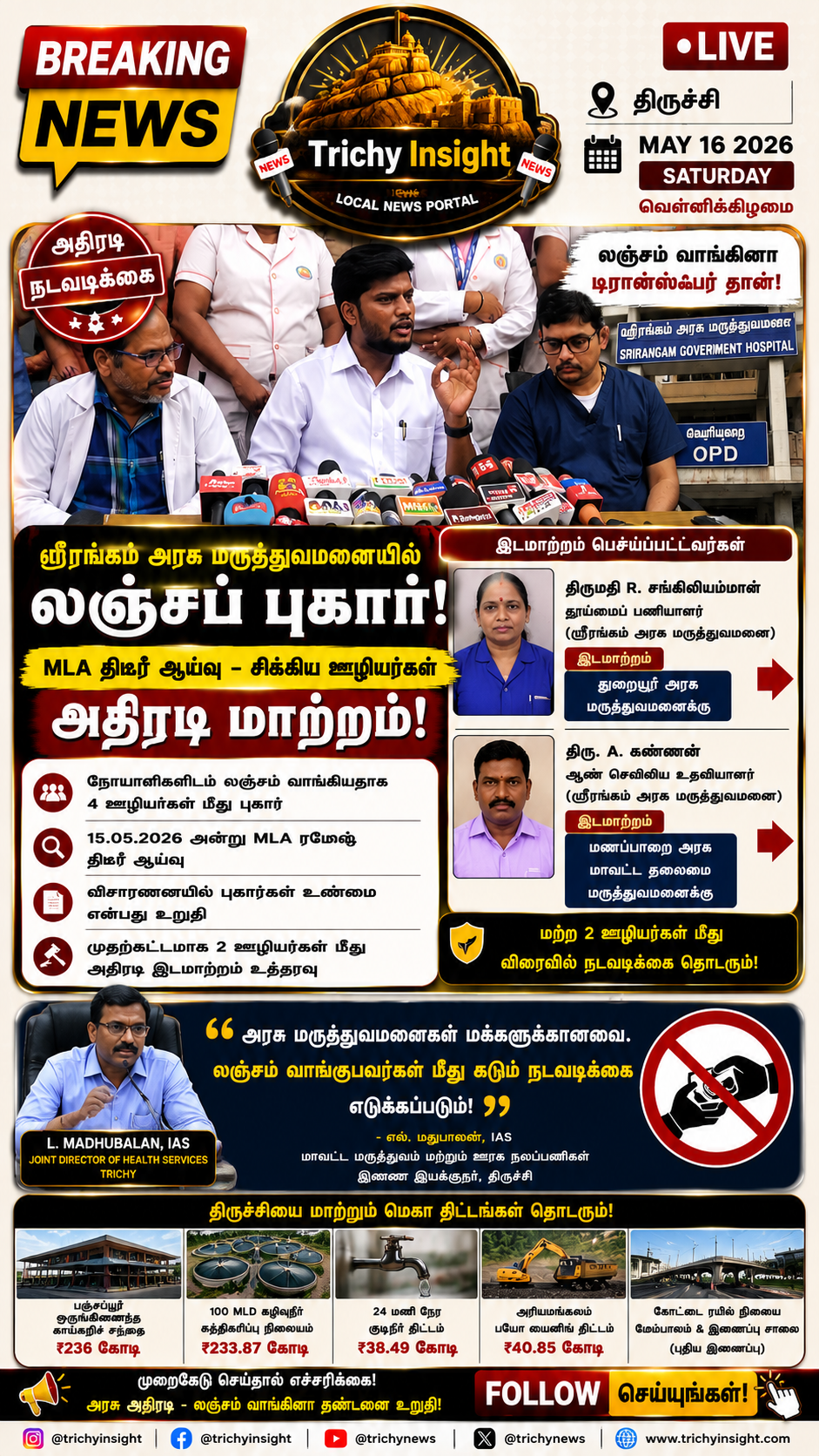 ஸ்ரீரங்கம் அரசு மருத்துவமனையில் லஞ்சம்: 4 ஊழியர்கள் மீது அதிரடி நடவடிக்கை!
