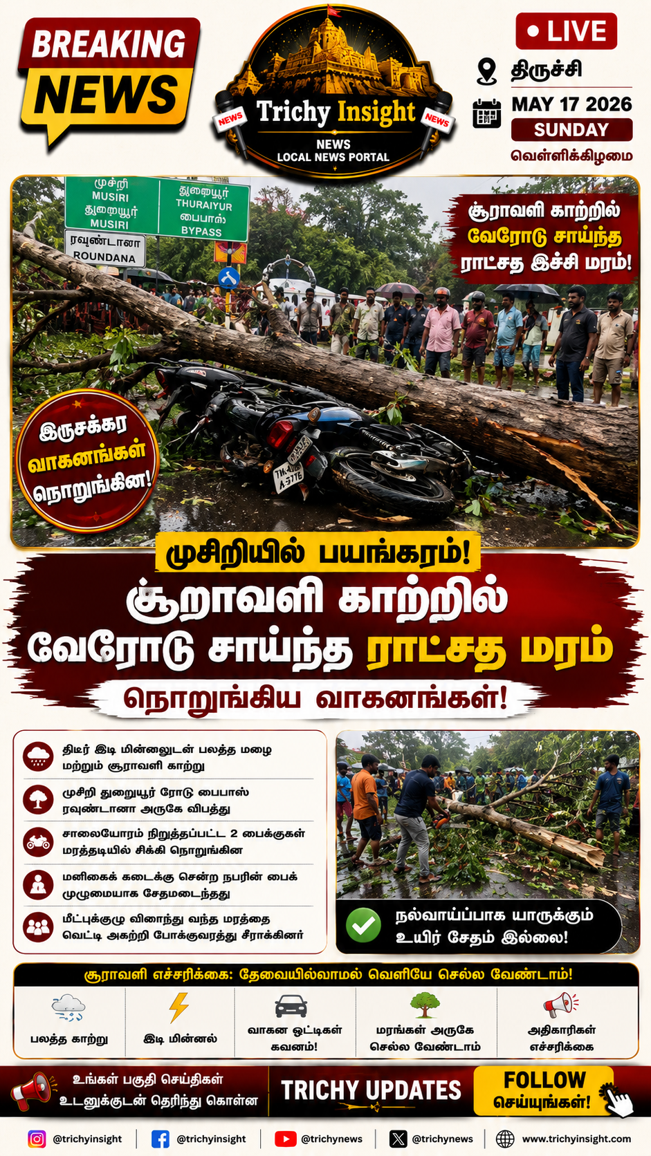 முசிறியில் சூறாவளி காற்றுக்கு சாய்ந்த ராட்சத மரம் | Trichy Insight
