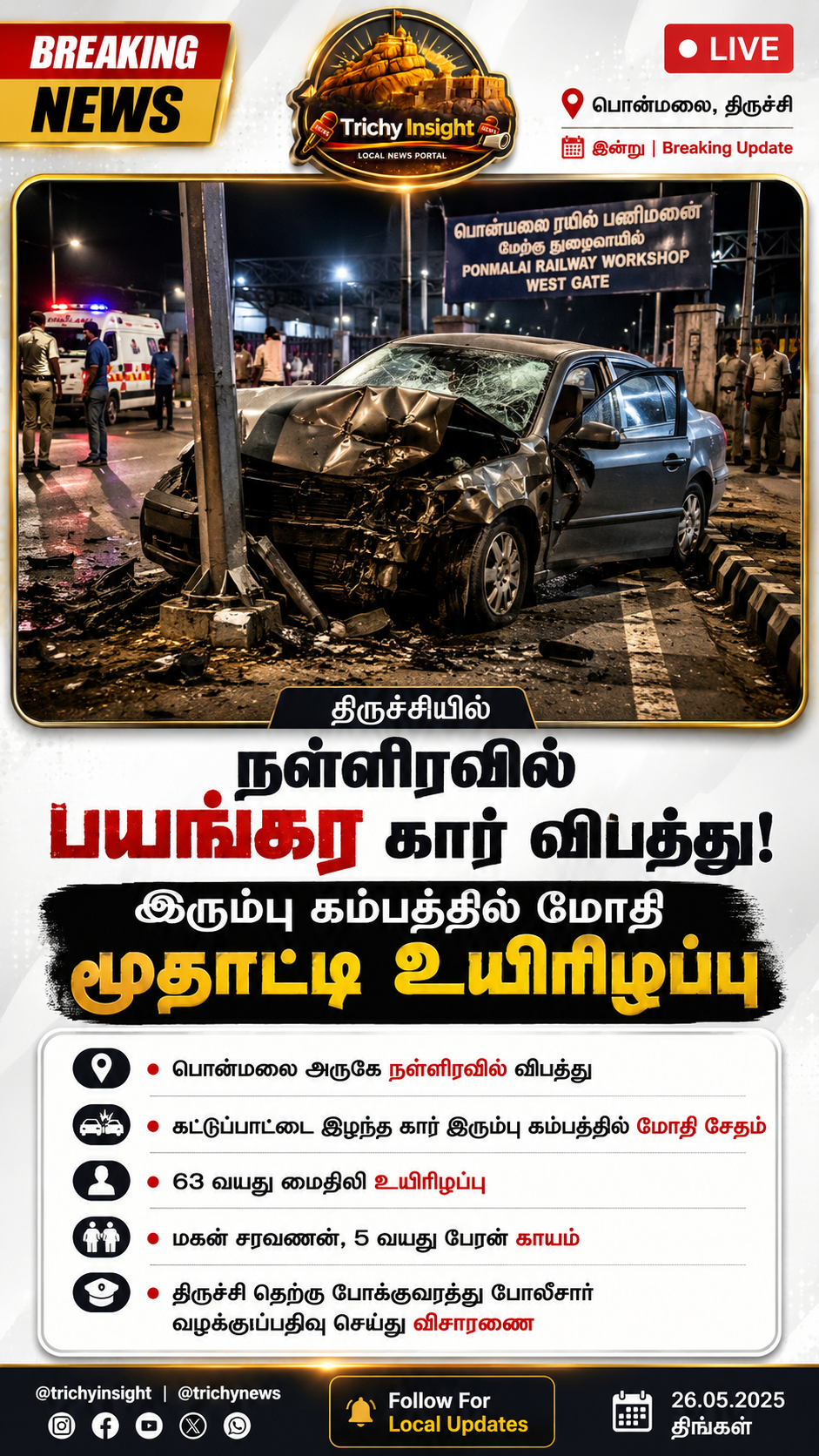 Trichy Ponmalai Car Accident: 63-Year-Old Woman Dies | Trichy Insight