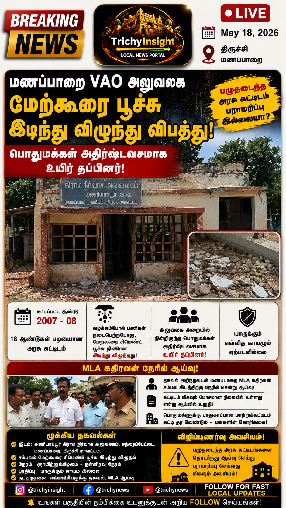 Manapparai VAO Office Ceiling Collapses: People Escape | Trichy Insight