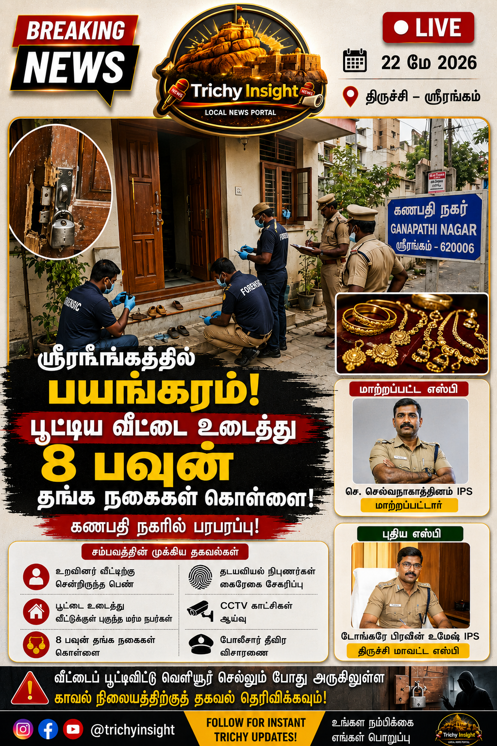 Srirangam Locked House Burglary 8 Sovereign Gold Stolen | Trichy Insight