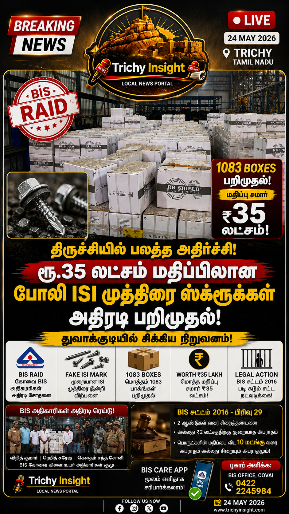 Trichy Thuvakudi BIS Raid: Rs 35 Lakh Fake ISI Screws Seized | Trichy Insight