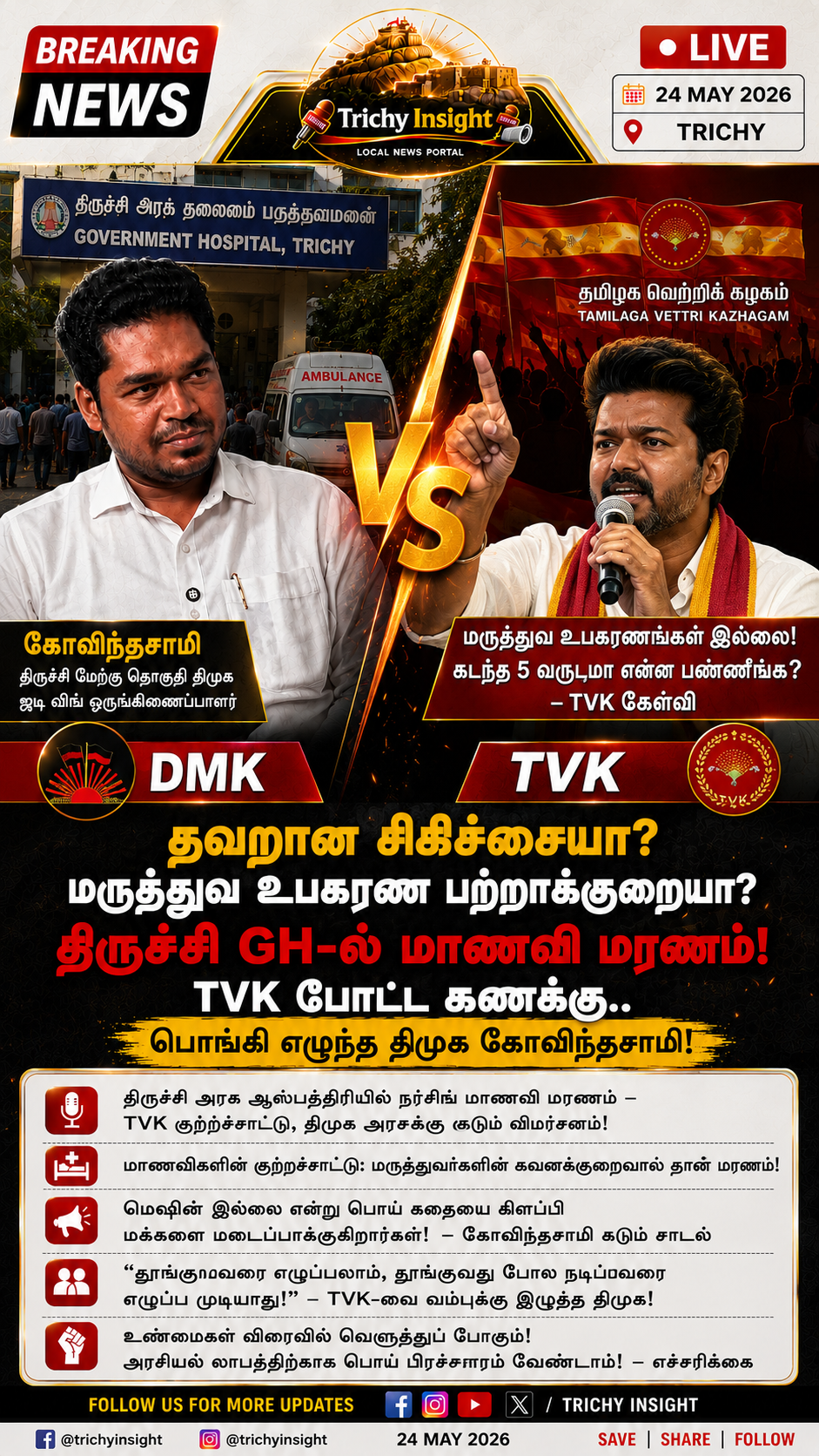 திருச்சி GH மாணவி மரணம்: TVK-வுக்கு திமுக கோவிந்தசாமி பதிலடி | Trichy Insight