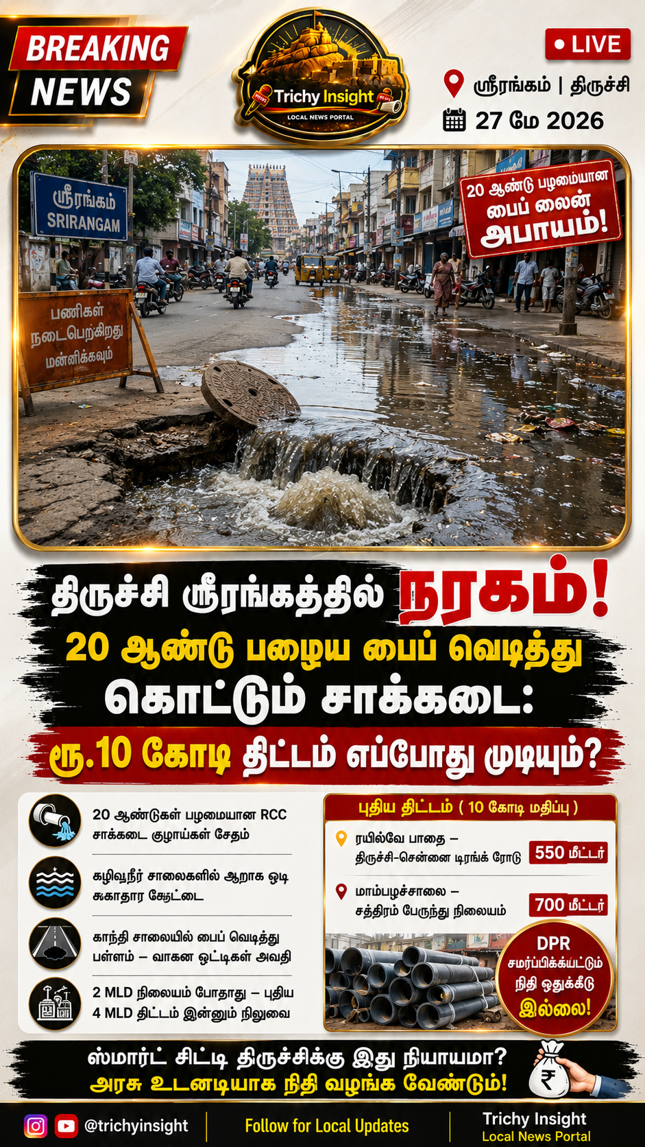 ஸ்ரீரங்கத்தில் சாக்கடை அவதி: ரூ.10 கோடி திட்டம் தாமதம்! | Trichy Insight