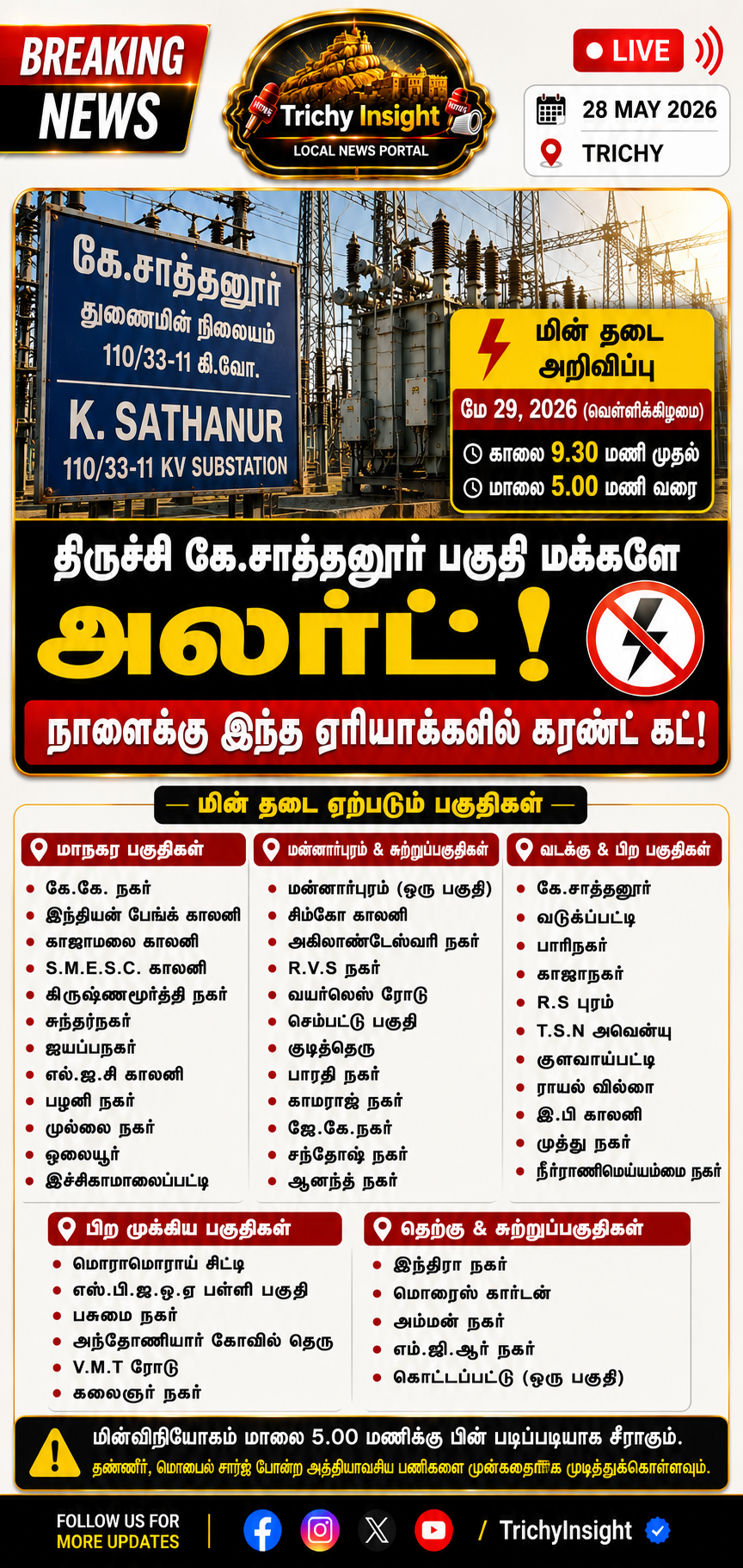 Trichy K Sathanur Power Shutdown Areas List May 29 | Trichy Insight