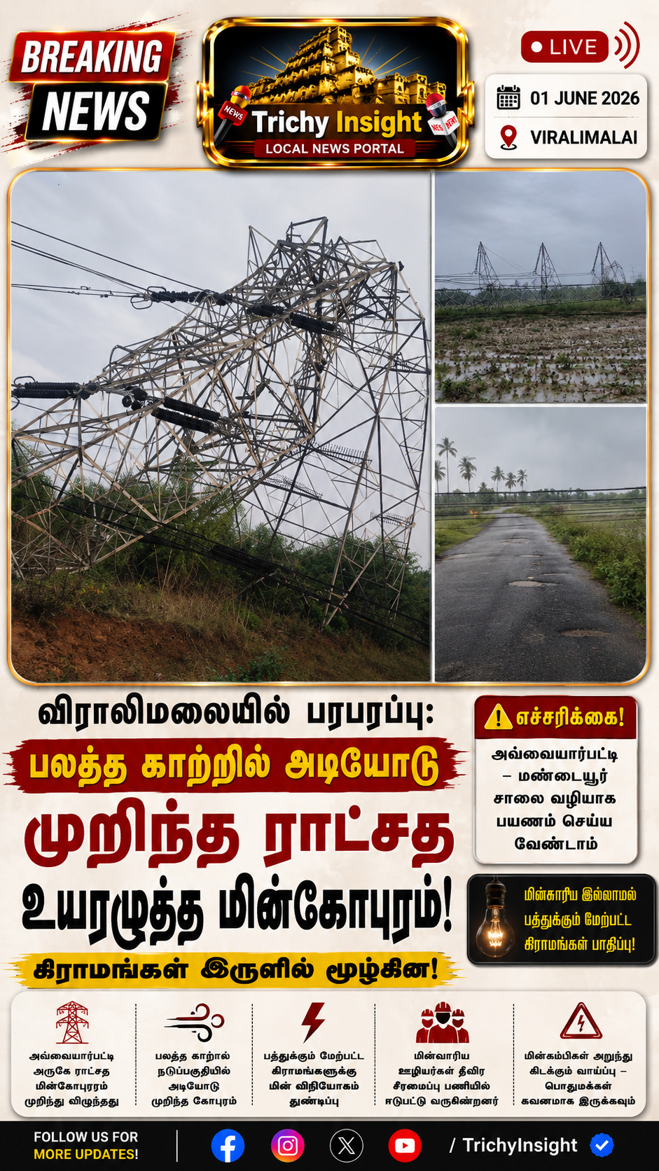Viralimalai High Voltage Power Tower Collapse News | Trichy Insight