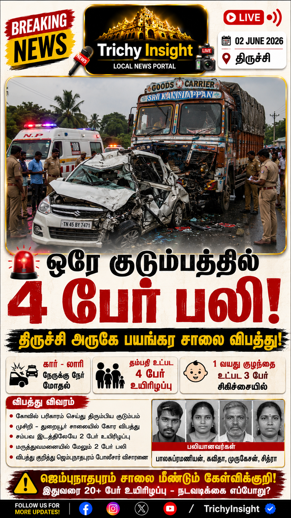 திருச்சியில் கார் லாரி விபத்து 4 பேர் பலி! Trichy Insight