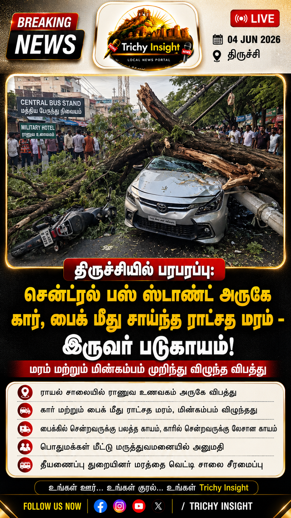 திருச்சி சென்ட்ரல் அருகே வாகனங்கள் மீது மரம் விழுந்து இருவர் காயம் | Trichy Insight