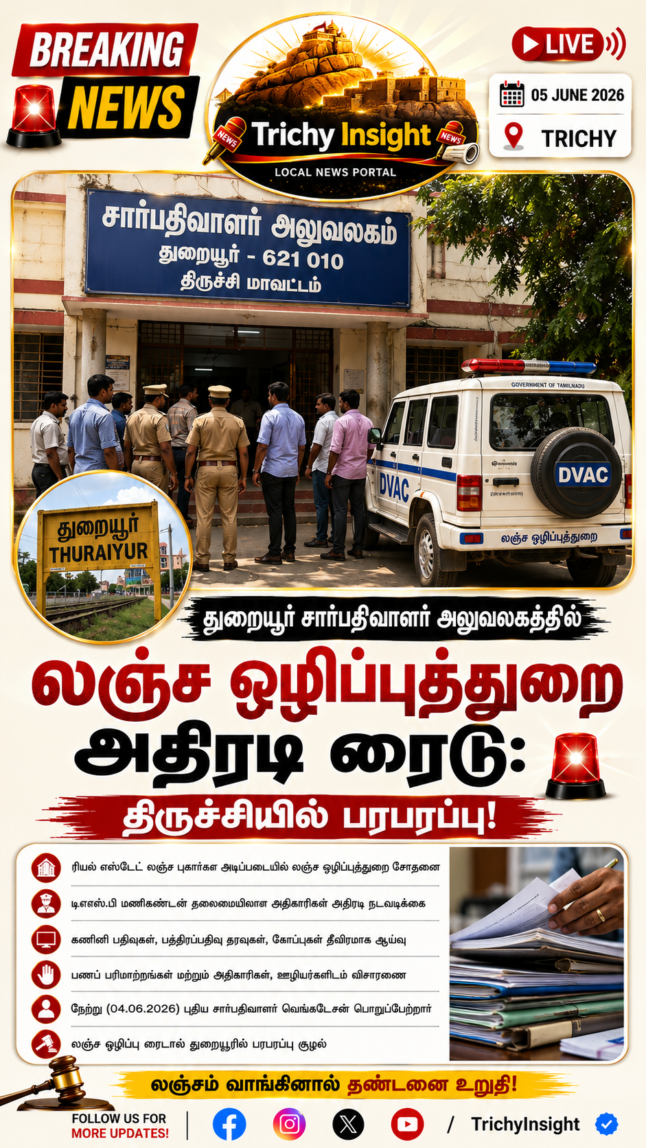 துறையூர் பத்திரப்பதிவு அலுவலகத்தில் லஞ்ச ஒழிப்புத்துறை ரைடு | Trichy Insight