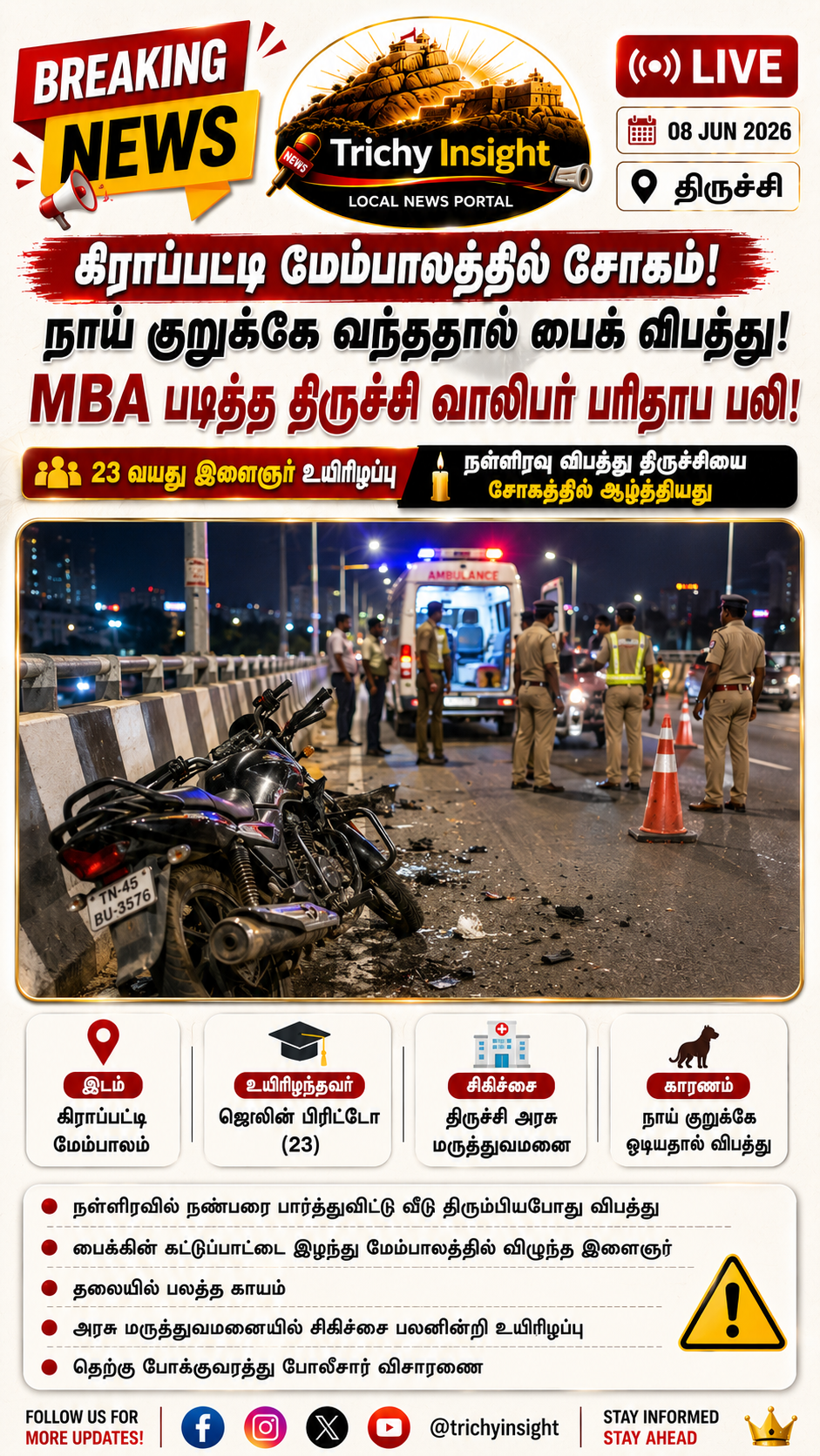 Trichy Crawford Bridge Accident MBA Graduate Dies | Trichy Insight