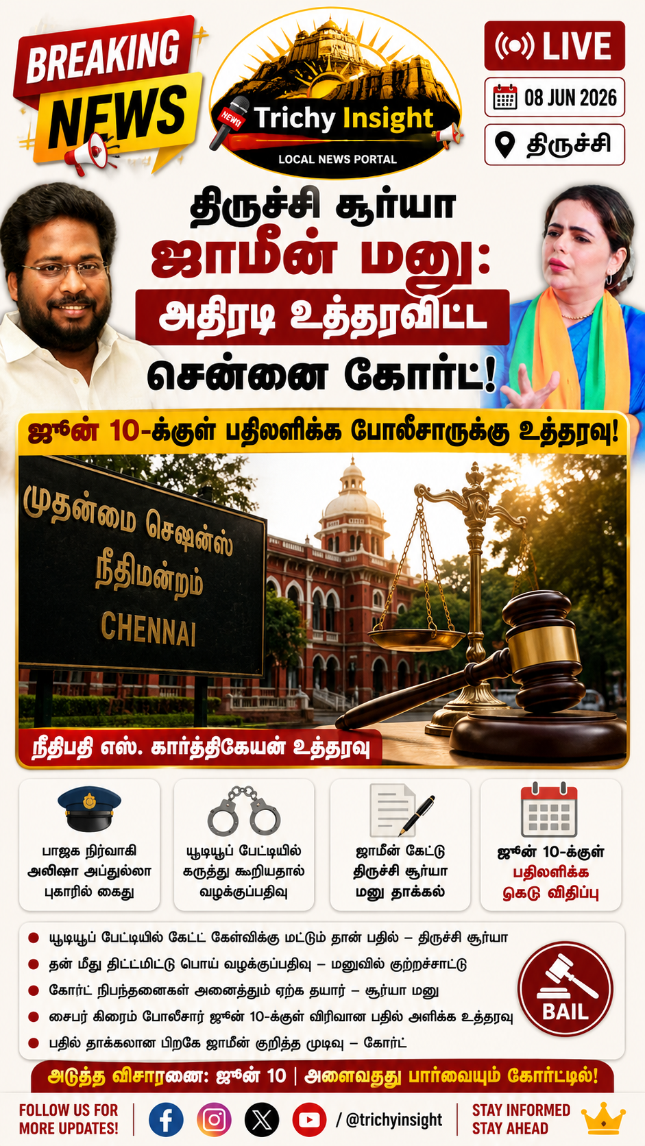திருச்சி சூர்யா ஜாமீன் மனு: கோர்ட் முக்கிய உத்தரவு! | Trichy Insight
