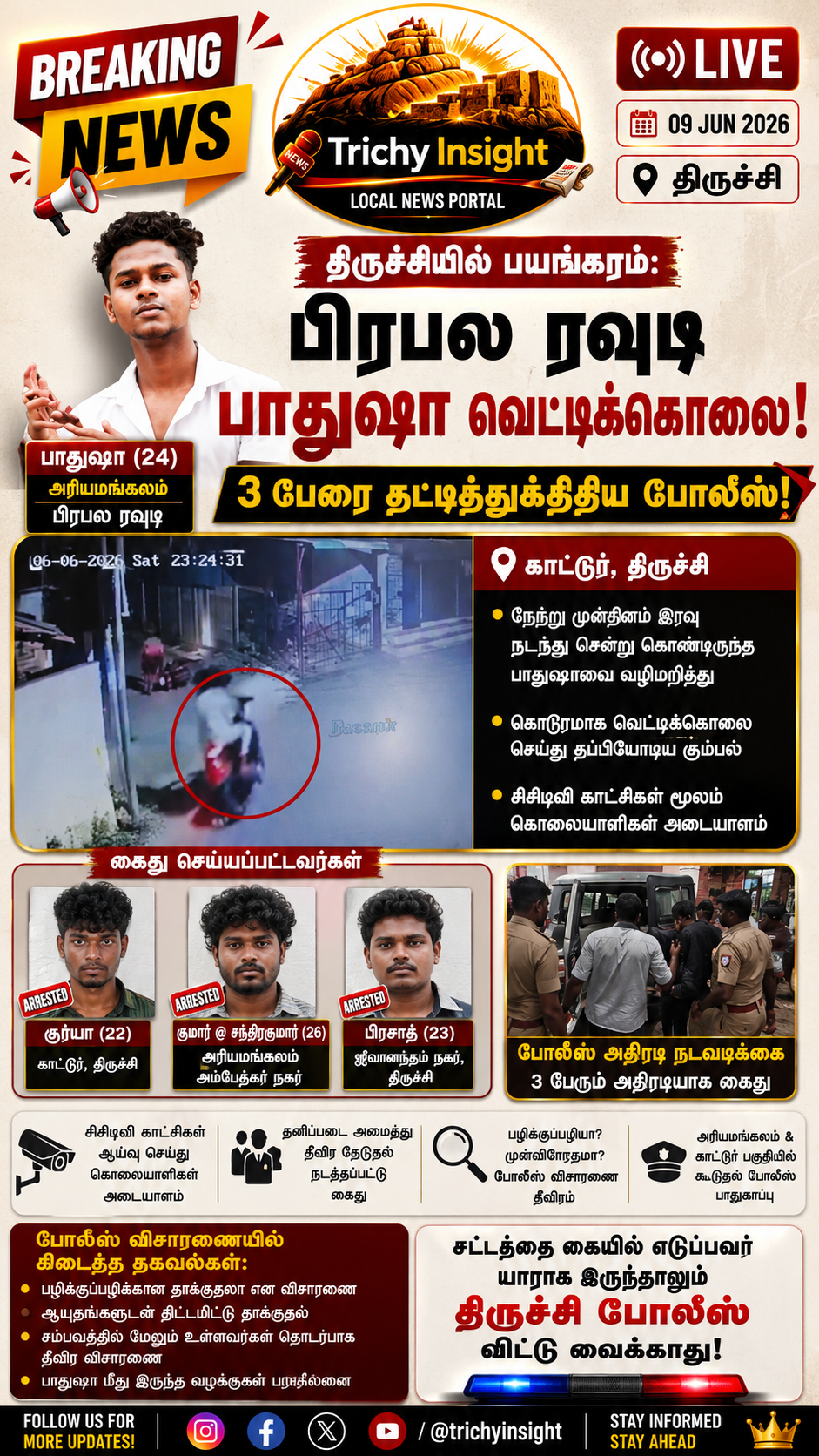 Trichy Rowdy Badusha Murder Case 3 Arrested | Trichy Insight