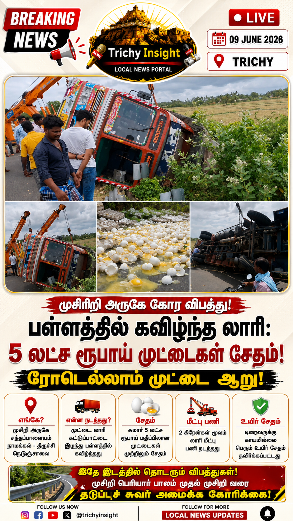 முசிறி அருகே லாரி கவிழ்ந்து விபத்து: ₹5 லட்சம் முட்டைகள் சேதம்