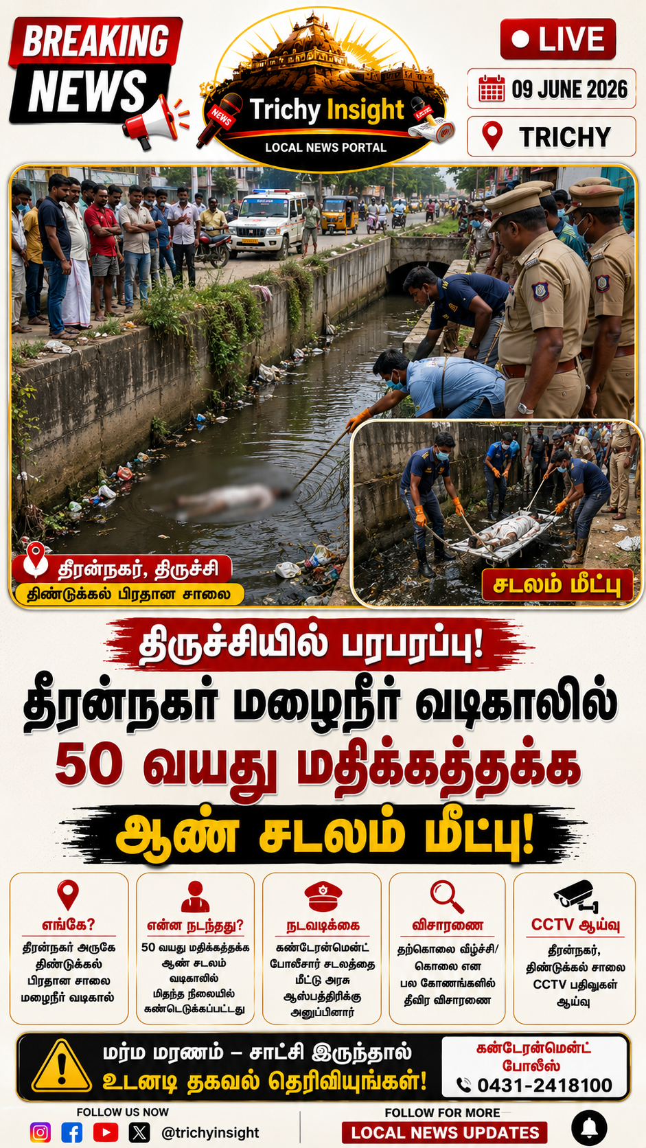திருச்சியில் தீரன்நகர் மழைநீர் வடிகாலில் ஆண் சடலம் மீட்பு!
