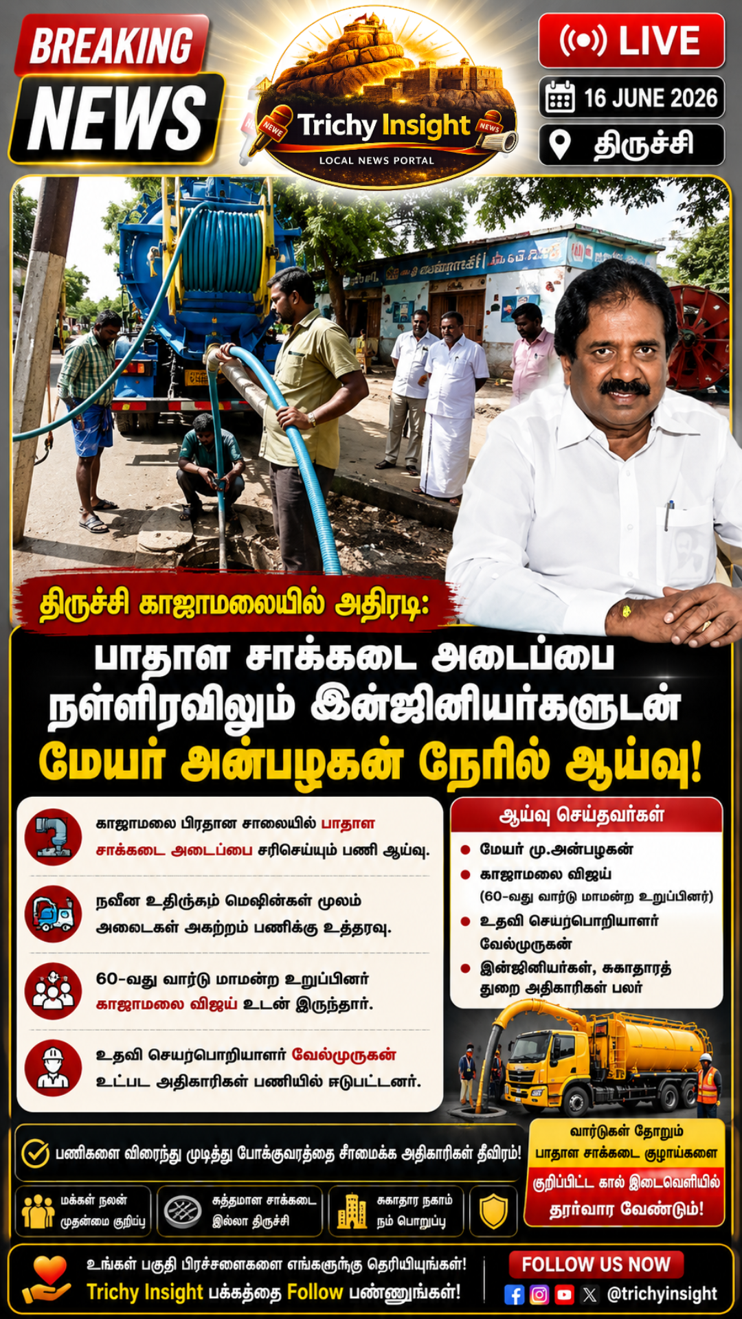 திருச்சி காஜாமலை பாதாள சாக்கடை அடைப்பு மேயர் ஆய்வு | Trichy Insight