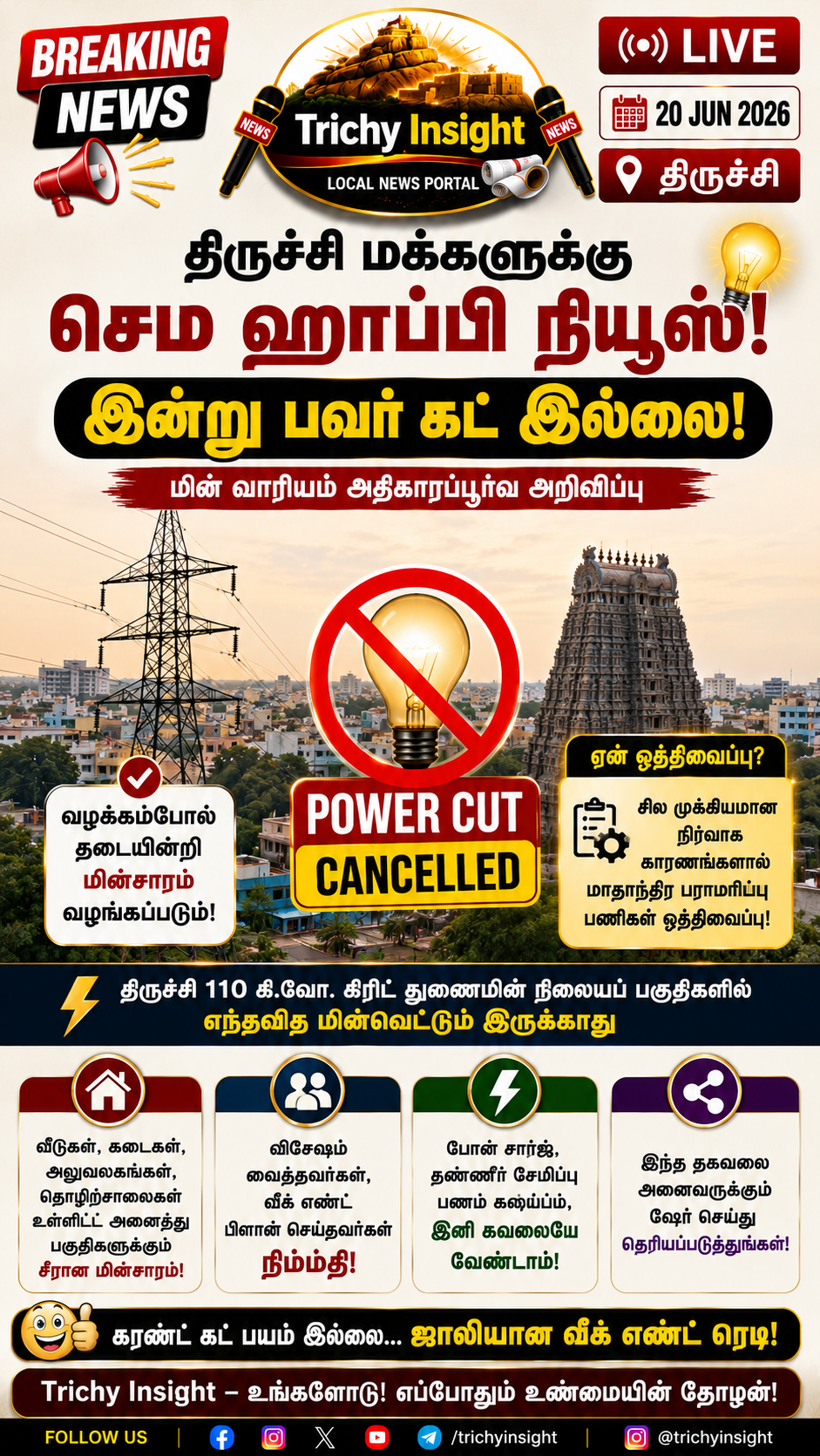 திருச்சி மக்களுக்கு செம ஹாப்பி நியூஸ்: இன்று பவர் கட் இல்லை! | Trichy Insight