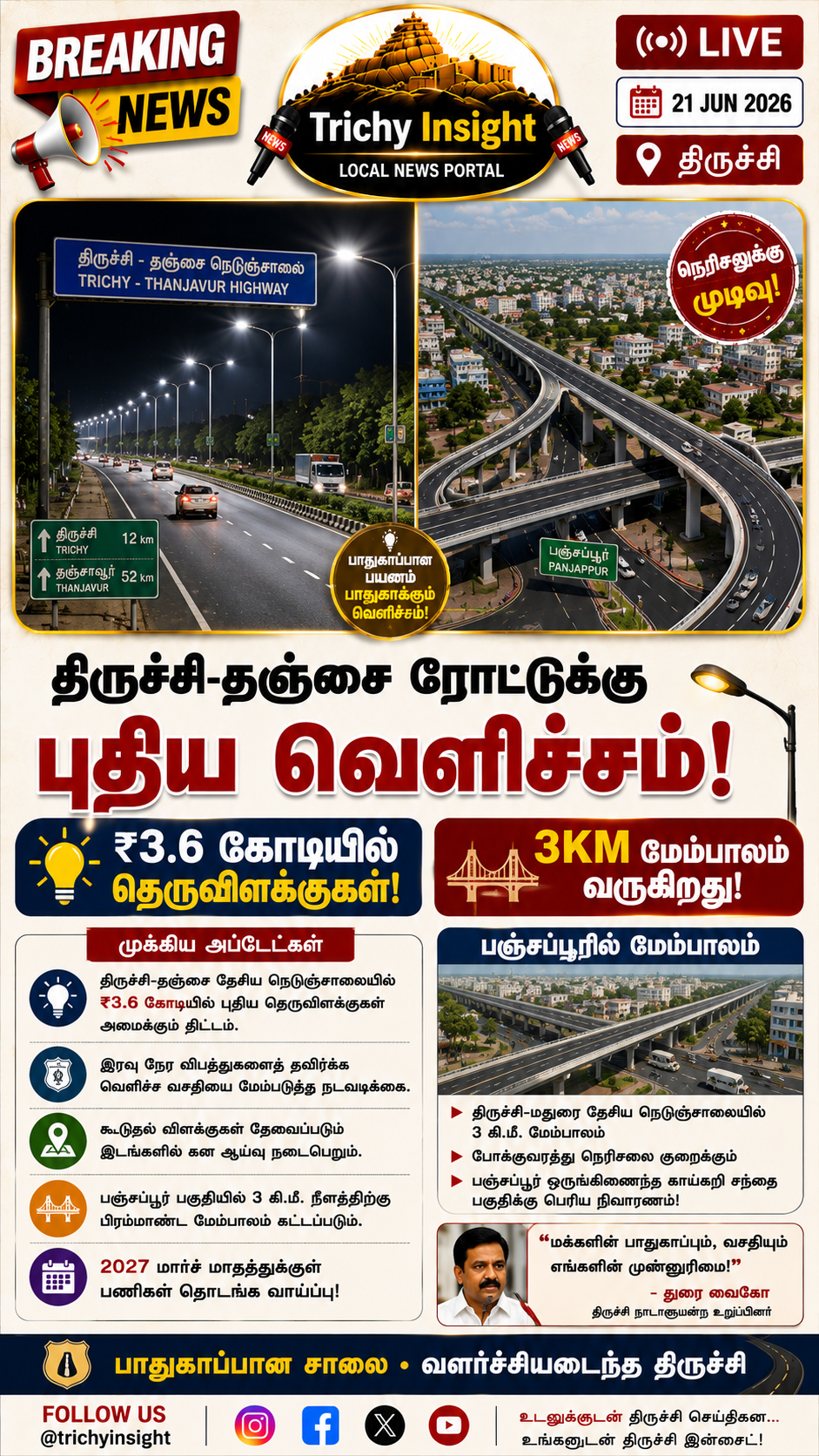 திருச்சி-தஞ்சை நெடுஞ்சாலை: புதிய தெருவிளக்குகள் மற்றும் மேம்பாலம் | Trichy Insight