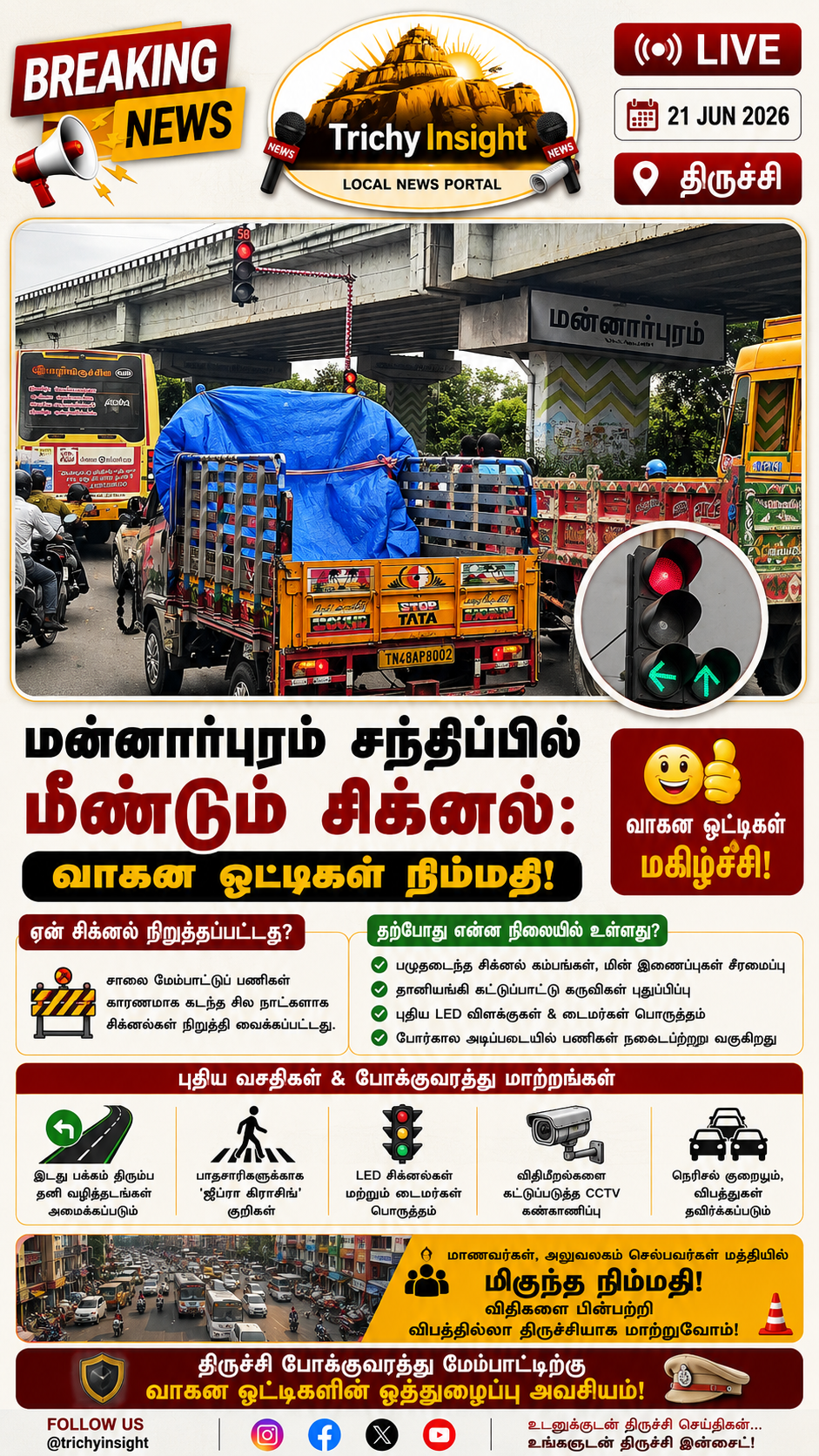 மன்னார்புரம் சந்திப்பில் மீண்டும் சிக்னல்: வாகன ஓட்டிகள் மகிழ்ச்சி - Trichy Insight
