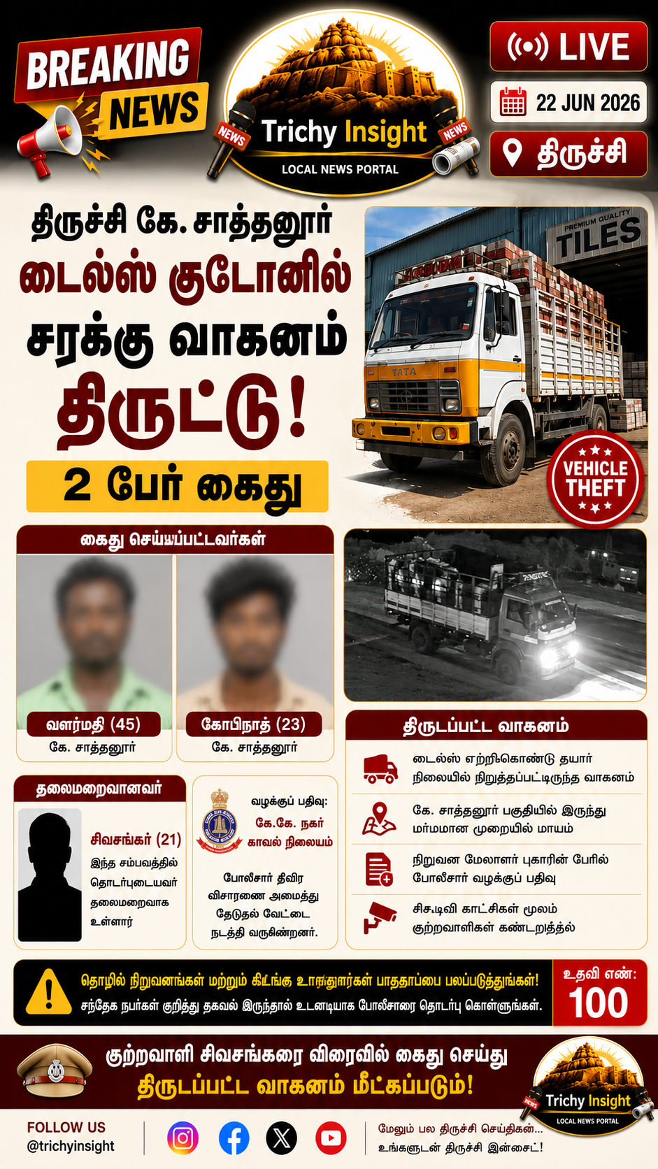 திருச்சி கே. சாத்தனூர் டைல்ஸ் குடோனில் வாகனம் திருட்டு | Trichy Insight