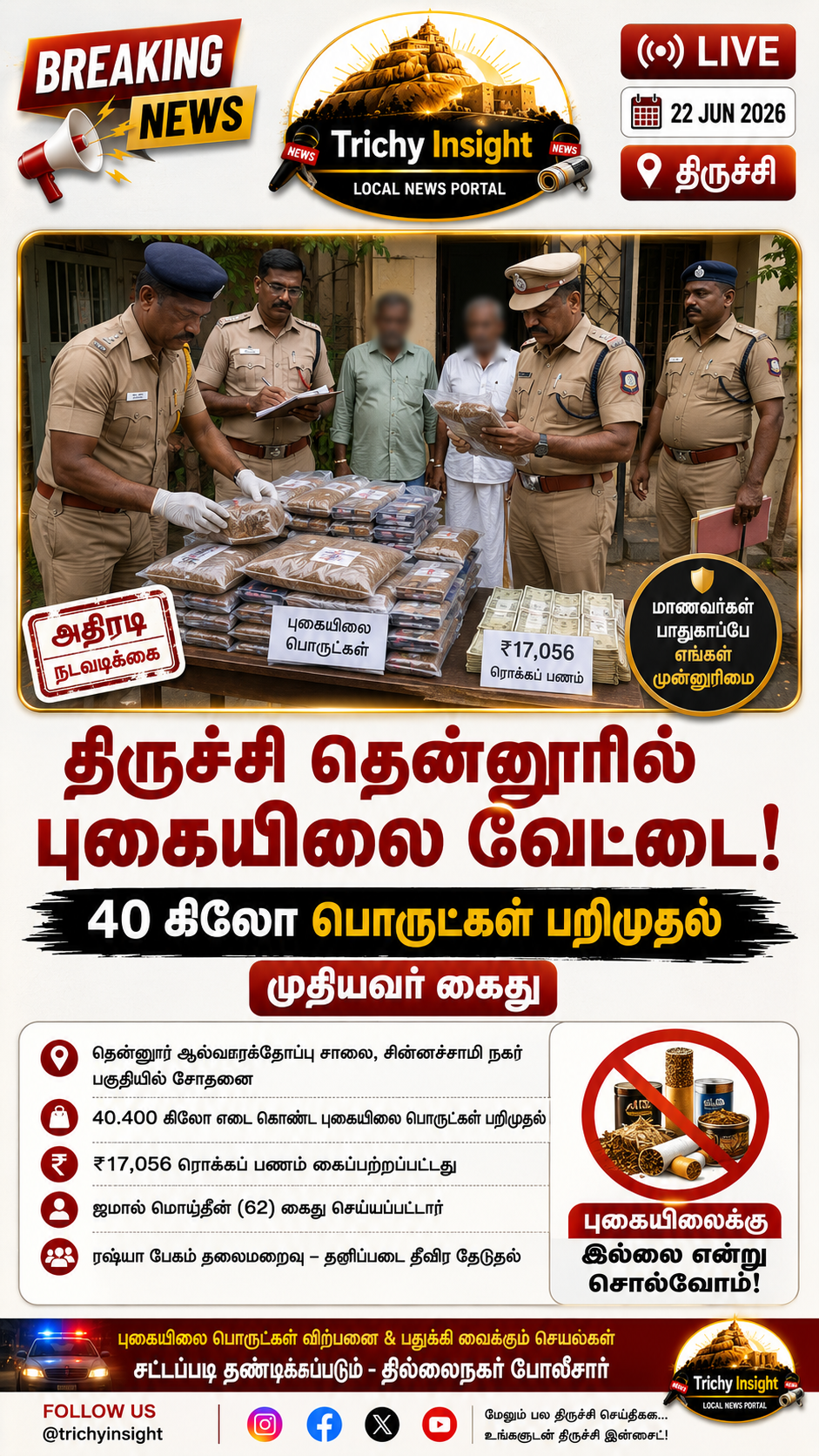 திருச்சி தென்னூரில் 40 கிலோ புகையிலை பறிமுதல் - முதியவர் கைது | Trichy Insight