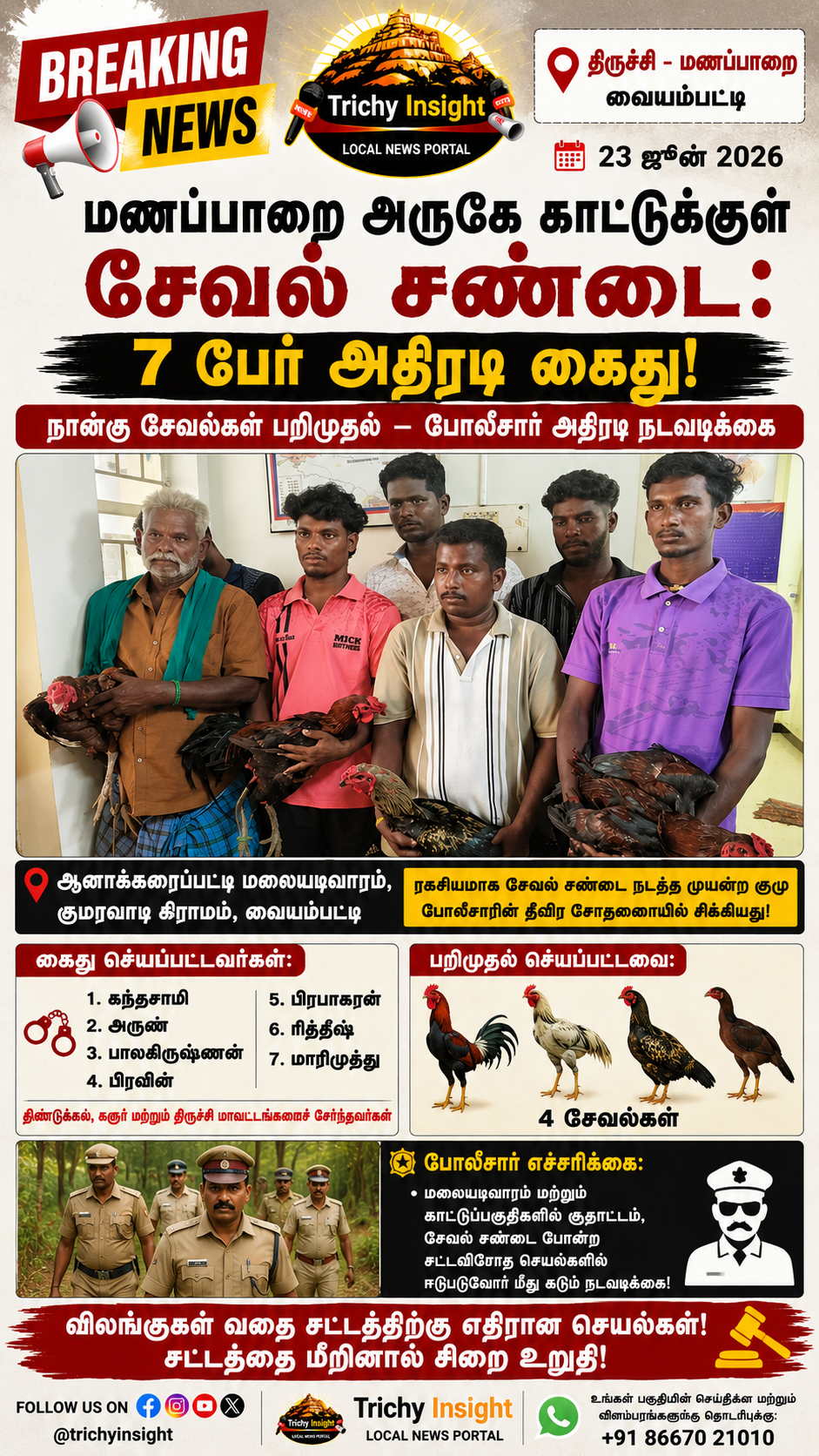 மணப்பாறை அருகே சேவல் சண்டை - 7 பேர் கைது - Trichy Insight