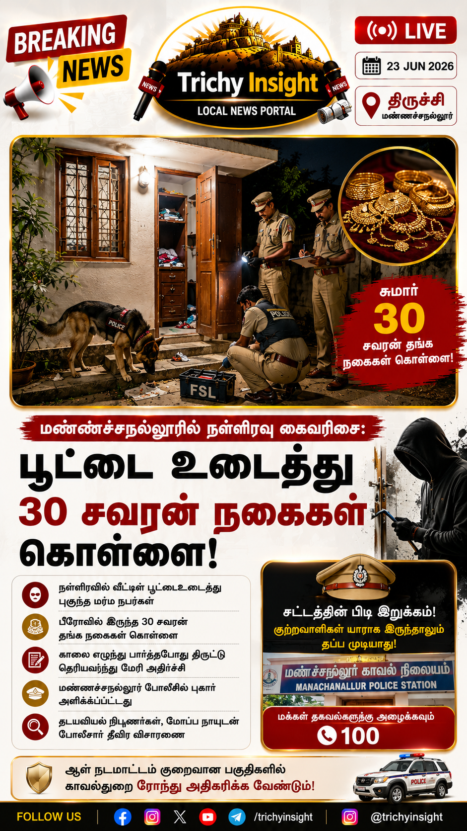 மண்ணச்சநல்லூரில் 30 சவரன் நகை கொள்ளை - திருச்சி இன்சைட்