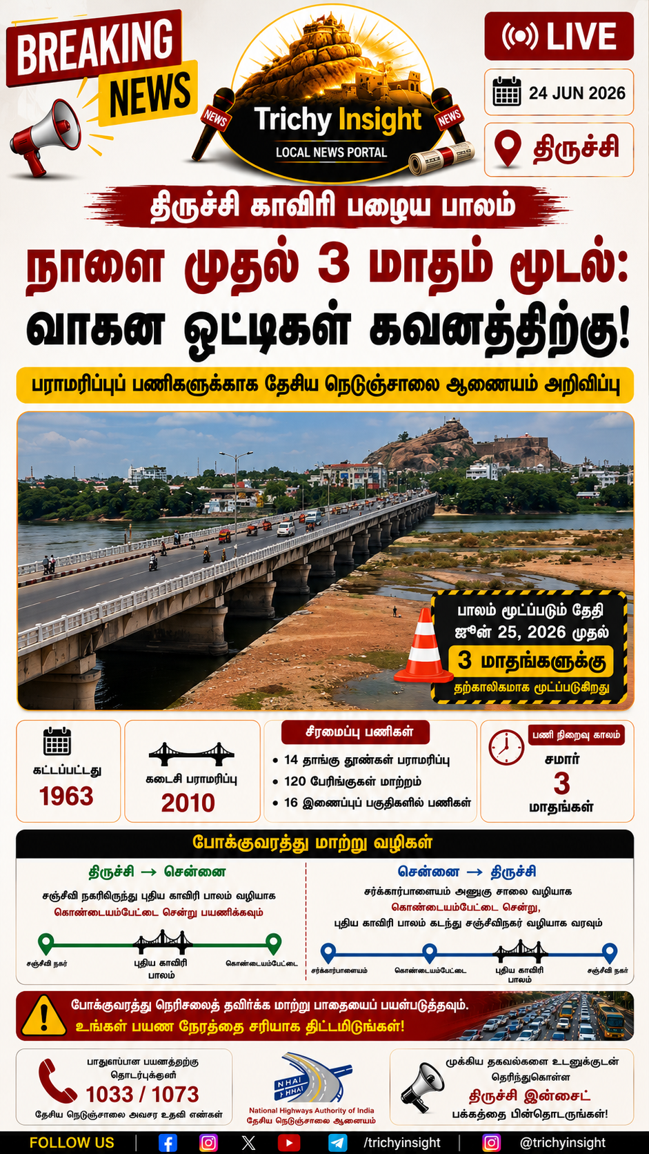 திருச்சி காவிரி பழைய பாலம் மூடல்: போக்குவரத்து மாற்றம் - முழு விவரம் | Trichy Insight