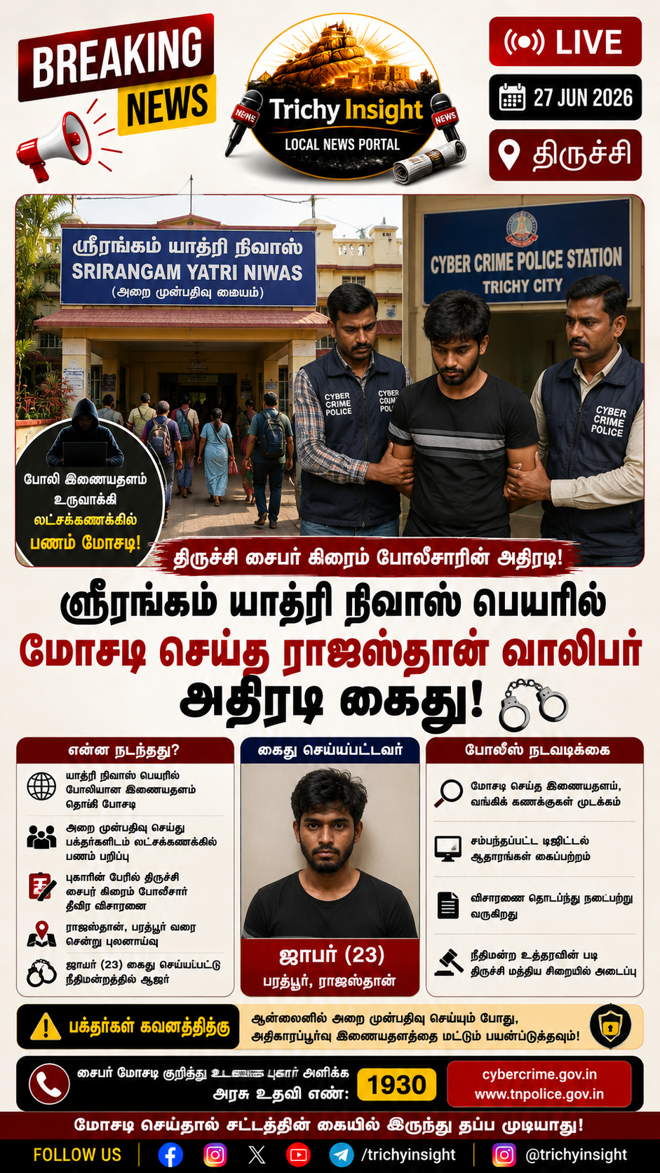 ஸ்ரீரங்கம் யாத்ரி நிவாஸ் பெயரில் மோசடி: ராஜஸ்தான் வாலிபர் கைது | Trichy Insight