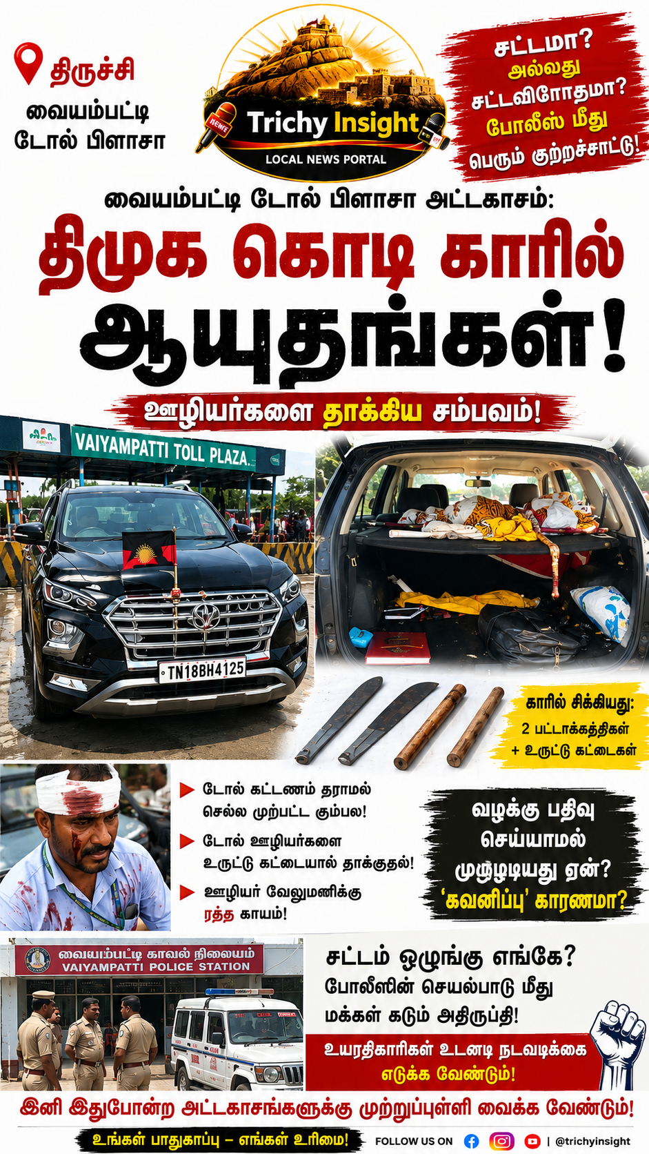 வையம்பட்டி டோல் பிளாசா மோதல்: காரில் ஆயுதங்கள் பறிமுதல் - Trichy Insight