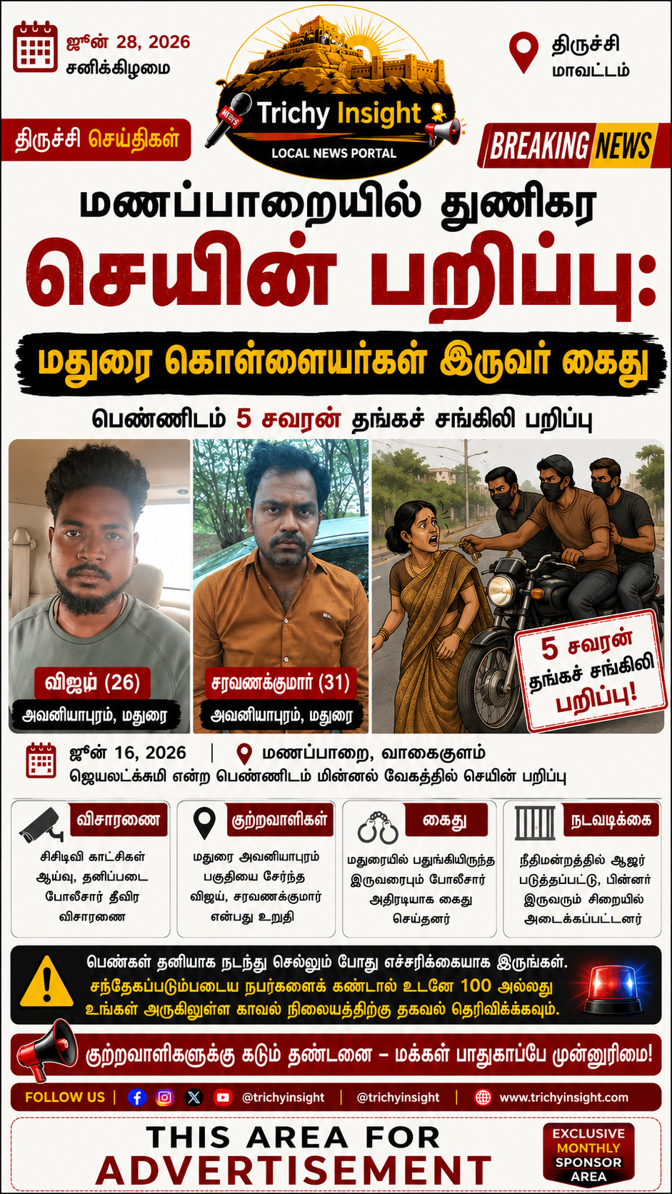 மணப்பாறையில் செயின் பறிப்பு: மதுரை கொள்ளையர்கள் கைது - Trichy Insight