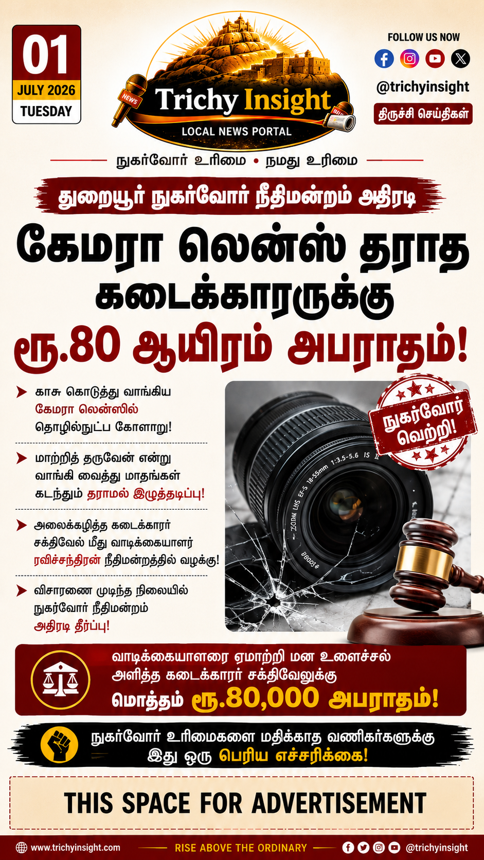 கேமரா லென்ஸ் விவகாரம்: கடைக்காரருக்கு ₹80,000 அபராதம் | Trichy Insight