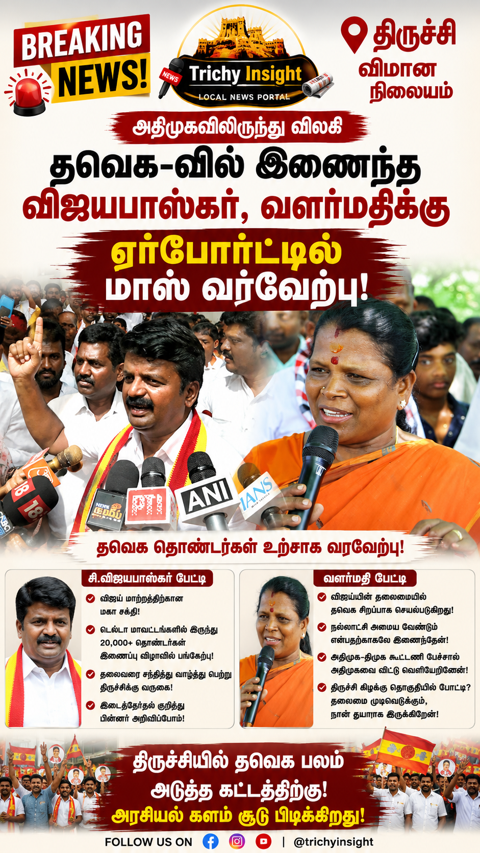 தவெக விஜயபாஸ்கர் வளர்மதிக்கு திருச்சி ஏர்போர்ட்டில் மாஸ் வரவேற்பு | Trichy Insight