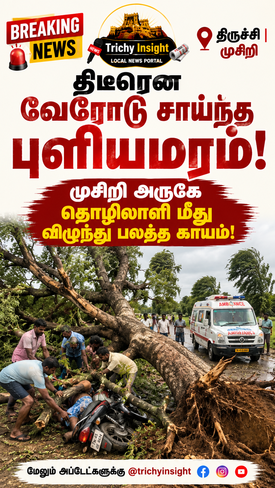 முசிறி அருகே புளியமரம் விழுந்து தொழிலாளி படுகாயம் | Trichy Insight