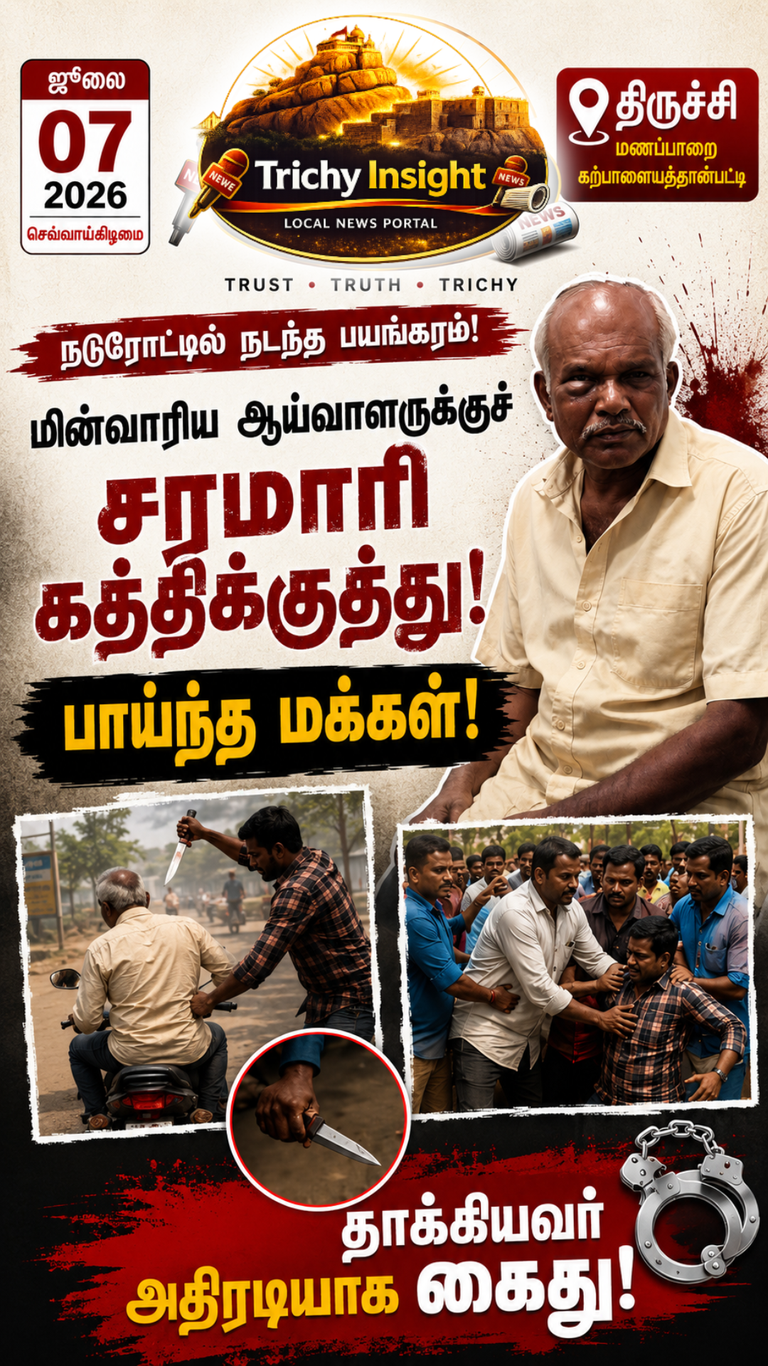 மணப்பாறையில் மின்வாரிய ஊழியருக்குக் கத்திக்குத்து | Trichy Insight